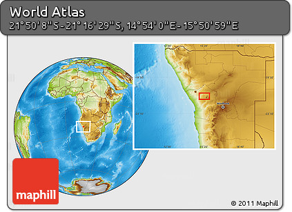 Physical Location Map of the Area around 21° 33' 19" S, 15° 22' 30" E