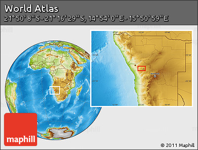 Physical Location Map of the Area around 21° 33' 19" S, 15° 22' 30" E