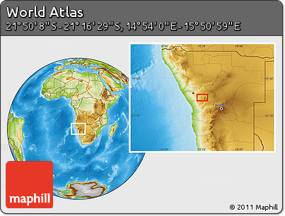 Physical Location Map of the Area around 21° 33' 19" S, 15° 22' 30" E