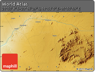 Physical Map of the Area around 21° 33' 19" S, 15° 22' 30" E