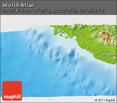 Physical 3D Map of the Area around 21° 33' 19" S, 164° 58' 29" E