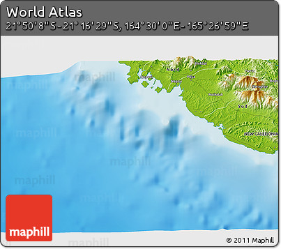 Physical 3D Map of the Area around 21° 33' 19" S, 164° 58' 29" E