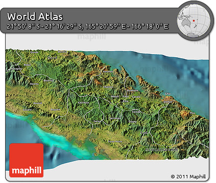 Satellite 3D Map of the Area around 21° 33' 19" S, 165° 49' 29" E