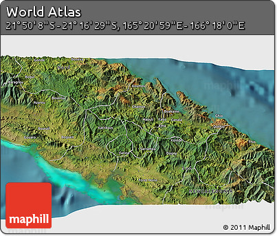 Satellite 3D Map of the Area around 21° 33' 19" S, 165° 49' 29" E