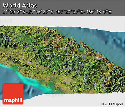 Satellite 3D Map of the Area around 21° 33' 19" S, 165° 49' 29" E