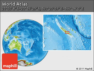 Physical Location Map of the Area around 21° 33' 19" S, 165° 49' 29" E