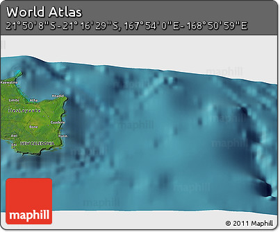 Satellite 3D Map of the Area around 21° 33' 19" S, 168° 22' 30" E