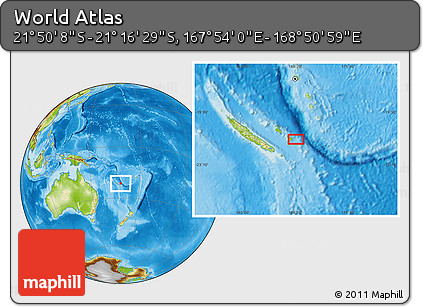 Physical Location Map of the Area around 21° 33' 19" S, 168° 22' 30" E