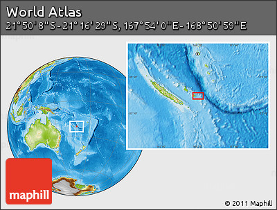 Physical Location Map of the Area around 21° 33' 19" S, 168° 22' 30" E