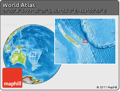 Physical Location Map of the Area around 21° 33' 19" S, 168° 22' 30" E