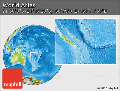 Physical Location Map of the Area around 21° 33' 19" S, 169° 13' 29" E