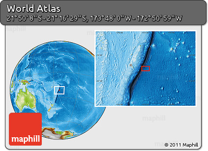 Physical Location Map of the Area around 21° 33' 19" S, 173° 19' 29" W