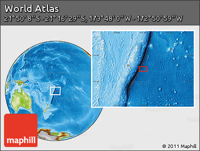 Physical Location Map of the Area around 21° 33' 19" S, 173° 19' 29" W