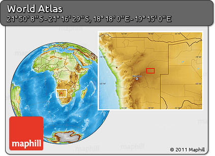 Physical Location Map of the Area around 21° 33' 19" S, 18° 46' 29" E