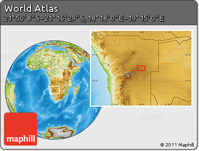 Physical Location Map of the Area around 21° 33' 19" S, 18° 46' 29" E