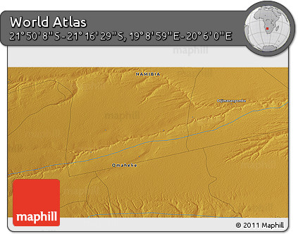 Physical 3D Map of the Area around 21° 33' 19" S, 19° 37' 30" E