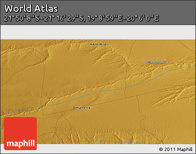 Physical 3D Map of the Area around 21° 33' 19" S, 19° 37' 30" E