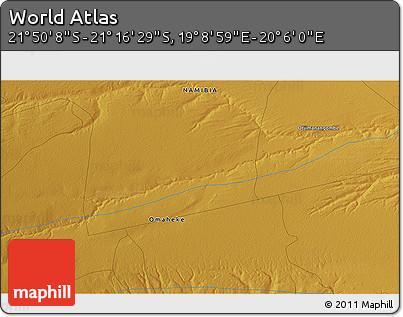 Physical 3D Map of the Area around 21° 33' 19" S, 19° 37' 30" E