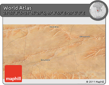 Satellite 3D Map of the Area around 21° 33' 19" S, 19° 37' 30" E