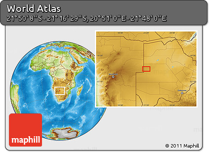 Physical Location Map of the Area around 21° 33' 19" S, 21° 19' 30" E