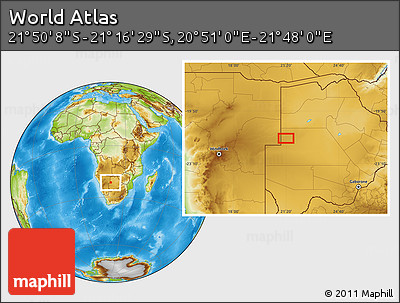 Physical Location Map of the Area around 21° 33' 19" S, 21° 19' 30" E