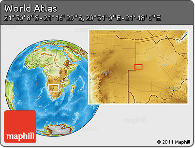 Physical Location Map of the Area around 21° 33' 19" S, 21° 19' 30" E