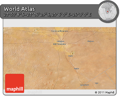 Satellite 3D Map of the Area around 21° 33' 19" S, 25° 34' 30" E