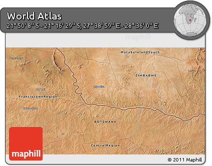 Satellite 3D Map of the Area around 21° 33' 19" S, 28° 7' 30" E