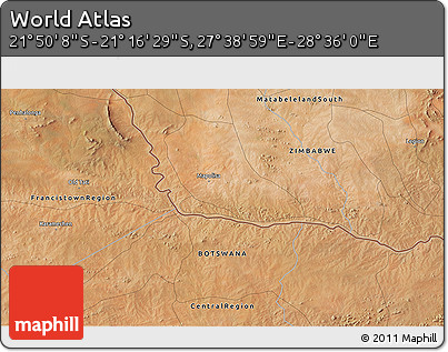 Satellite 3D Map of the Area around 21° 33' 19" S, 28° 7' 30" E