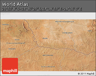 Satellite 3D Map of the Area around 21° 33' 19" S, 28° 7' 30" E