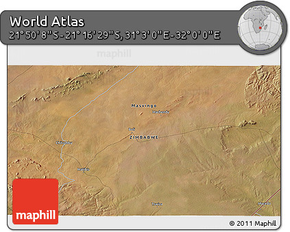Satellite 3D Map of the Area around 21° 33' 19" S, 31° 31' 29" E