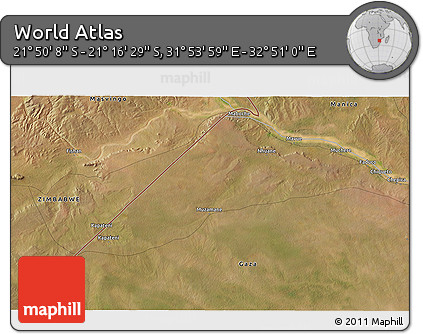 Satellite 3D Map of the Area around 21° 33' 19" S, 32° 22' 30" E