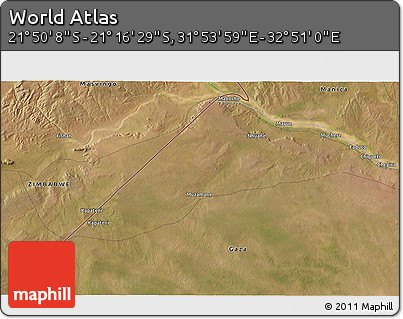 Satellite 3D Map of the Area around 21° 33' 19" S, 32° 22' 30" E
