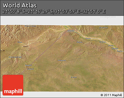 Satellite 3D Map of the Area around 21° 33' 19" S, 32° 22' 30" E