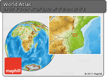Physical Location Map of the Area around 21° 33' 19" S, 33° 13' 30" E