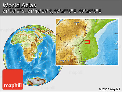 Physical Location Map of the Area around 21° 33' 19" S, 33° 13' 30" E