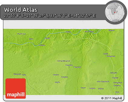 Physical 3D Map of the Area around 21° 33' 19" S, 34° 4' 30" E