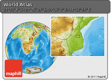 Physical Location Map of the Area around 21° 33' 19" S, 34° 4' 30" E