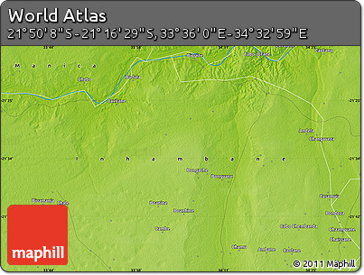 Physical Map of the Area around 21° 33' 19" S, 34° 4' 30" E