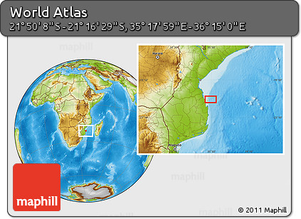 Physical Location Map of the Area around 21° 33' 19" S, 35° 46' 29" E