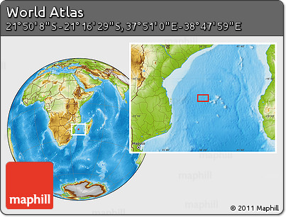 Physical Location Map of the Area around 21° 33' 19" S, 38° 19' 30" E