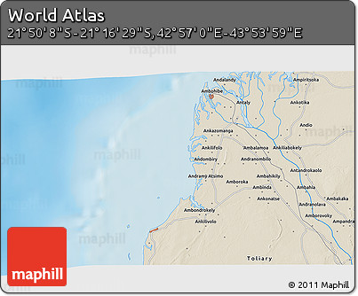 Shaded Relief 3D Map of the Area around 21° 33' 19" S, 43° 25' 29" E