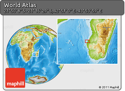 Physical Location Map of the Area around 21° 33' 19" S, 43° 25' 29" E