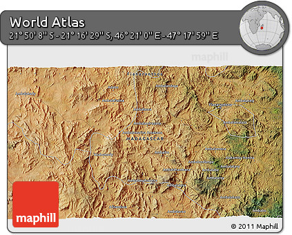 Satellite 3D Map of the Area around 21° 33' 19" S, 46° 49' 30" E