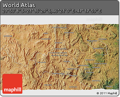 Satellite 3D Map of the Area around 21° 33' 19" S, 46° 49' 30" E