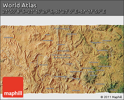 Satellite 3D Map of the Area around 21° 33' 19" S, 46° 49' 30" E