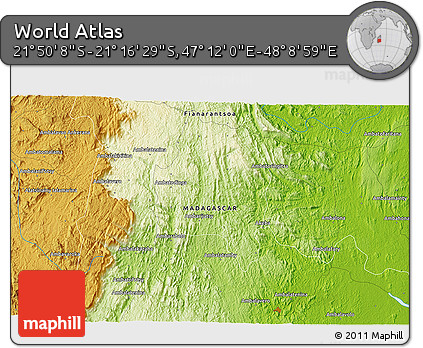 Physical 3D Map of the Area around 21° 33' 19" S, 47° 40' 29" E