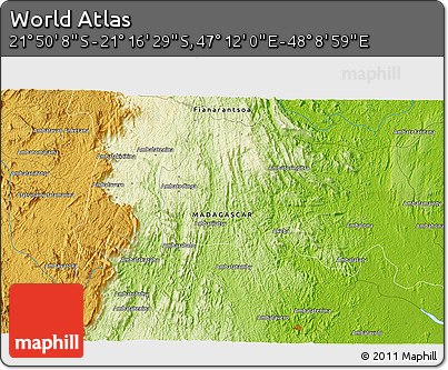 Physical 3D Map of the Area around 21° 33' 19" S, 47° 40' 29" E