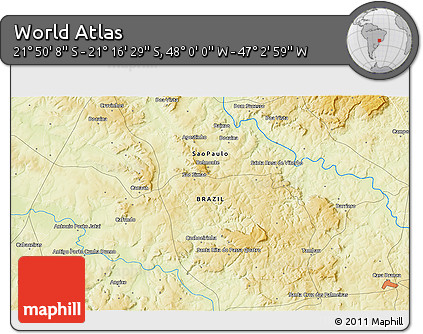 Physical 3D Map of the Area around 21° 33' 19" S, 47° 31' 29" W