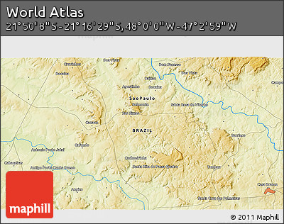 Physical 3D Map of the Area around 21° 33' 19" S, 47° 31' 29" W